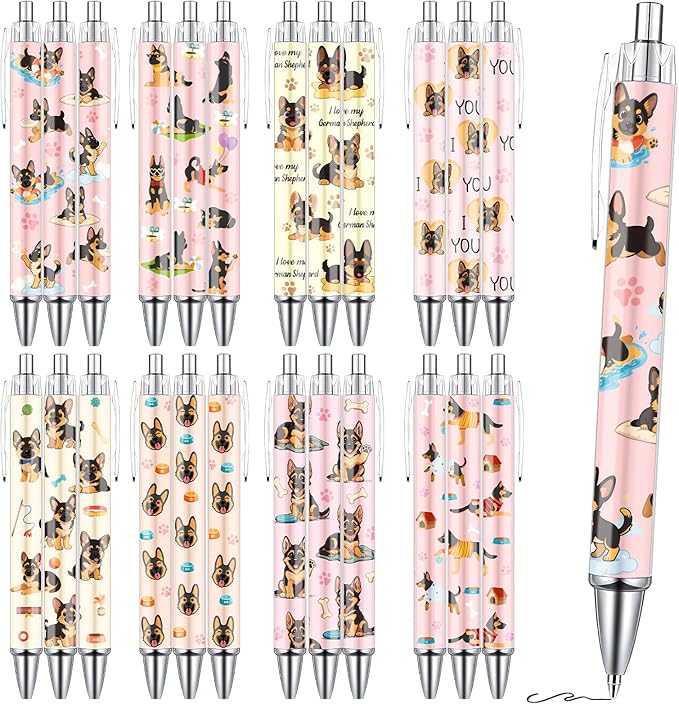 German Shepherd Ballpoint Pens Gifts 24Pcs Cartoon Dogs Pen Set Animal Retractable Smooth Writing Ballpoint Pen Gift for Women Teacher Students Dog Lovers Teen Office School Party Supplies