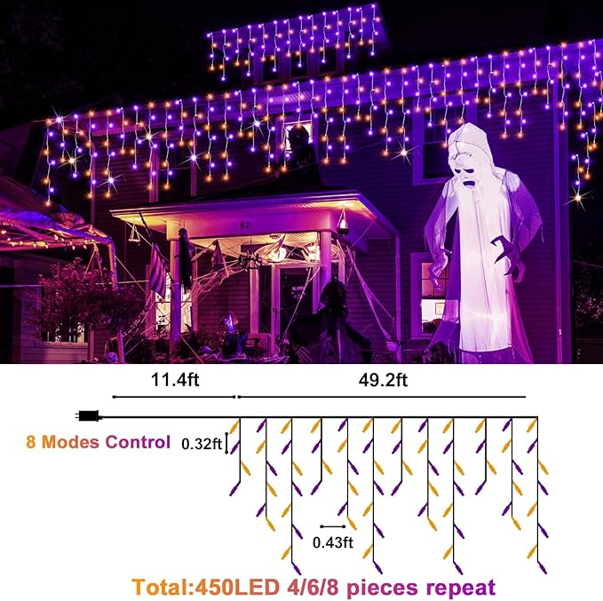 Halloween Lights, 49FT 450 LED Ice Lights with 8 Modes, Waterproof Timer Memory Hanging Light for Eaves Party Yard Garden Halloween Decor (Purple and Orange)