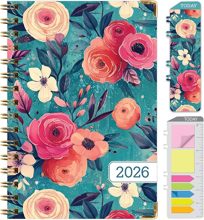 HARDCOVER 2026 Planner, 5.5"x8": 14 Months (November 2025 - December 2026), Daily Weekly Monthly Planner, Yearly Agenda, Bookmark, Pocket Folder and Sticky Note Set (Teal Floral)