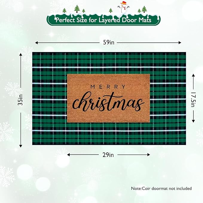 Christmas Door Mat Outdoor 35"x59", Green/Black Buffalo Plaid Front Porch Rug Cotton Hand-Woven Washable Layered Door Mats,Reversible Checkered Floor Rugs for Home Decor Outside