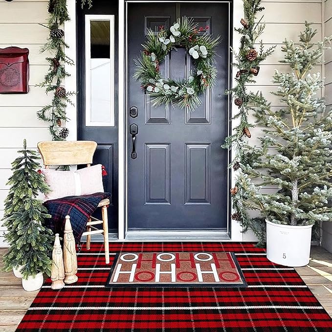 CAINANEL Buffalo Plaid Outdoor Rug Christmas Door Mat Christmas Decor Welcome Rug Cotton Hand-Woven Layered Door Mats for Front Porch, Kitchen, Farmhouse, Entryway (35.4''x59'', Red/Black/White)