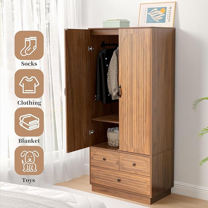 Armoire Wardrobe Closet with Doors, Wardrobe Cabinet with 3 Drawers, Wooden Large Clothing Storage Cabinet with Hanging Rod and Shelf, Mid-Century Modern Tall Closet for Bedroom, Walnut