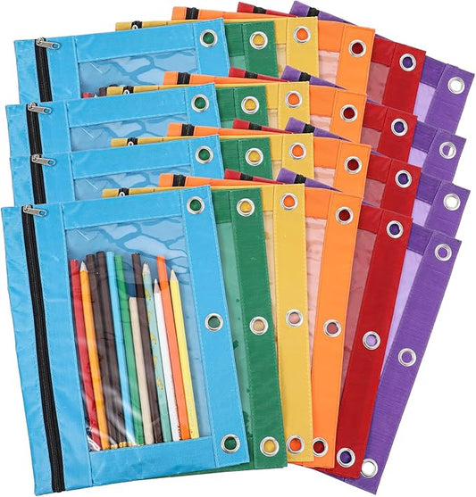 24 Pack Pencil Pouch for 3-Rings Binder, 3-Holes Zipper Pencil Pouches in Assorted Colors, Sturdy and Resuable Cloth Holder with Clear Window for Office Supplies