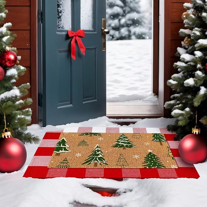 2 Pcs Christmas Coir Doormat Outdoor Rugs Christmas Tree Welcome Mats Layered Buffalo Plaid red and White Mat Plaid Mat for Xmas Front Porch Entryway Outdoor Decor