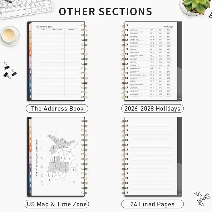 RETTACY 2026 Planner, Weekly and Monthly, Medium Size (5.7" x 8.3"), Jan - Dec 2026, Agenda, Calendar, 12 Month Tabs, Flexible Plastic Cover, 100 GSM Thick Paper, Spiral-bound (Black)