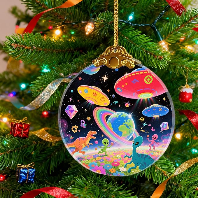 UFO Alien Glass Ornaments, UFO, Dinosaur & Alien Christmas Ornament for Christmas Tree Decor, Holiday Presents, Exchange Ideal Gift for Space & Fantasy Lovers