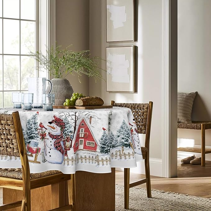 Horaldaily Christmas Tablecloth 90×90 Inch Round, Winter Snowman House Christmas Trees White Washable Table Cover for Party Picnic Dinner Decor