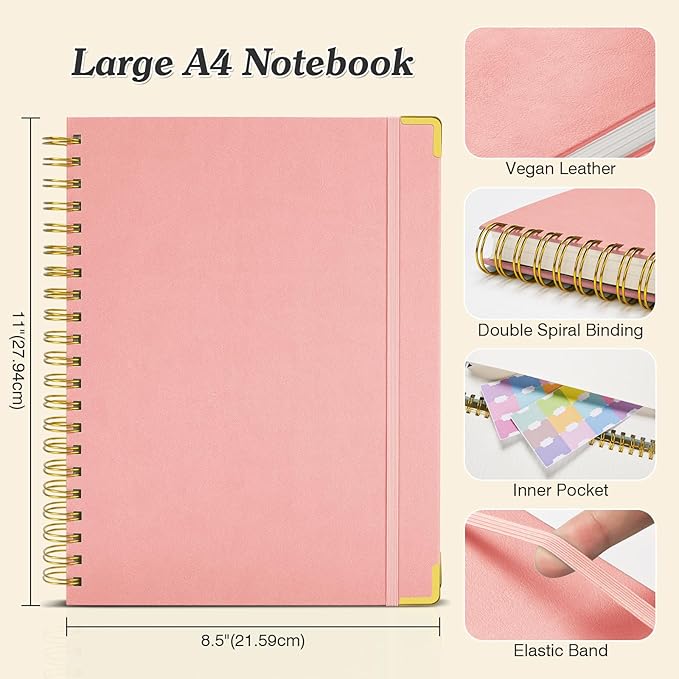 Bullet Dotted Journal Spiral Notebook, 300 Pages Leather Notebooks with Contens, 120 GSM Thick No Bleed Through Paper Journals, A4 Large Dot Grid Notebook for Women Men Work Writing, 8.5" x 11", Pink