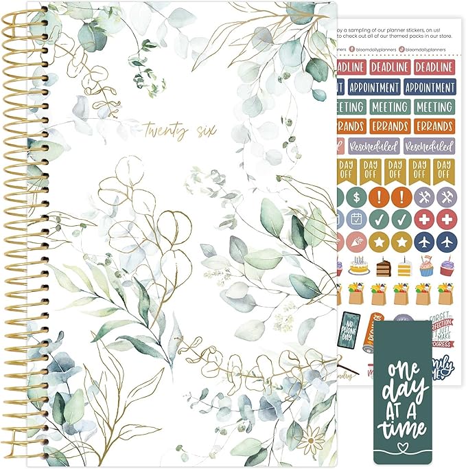 bloom daily planners 2026 Planner (January - December) Calendar Year Organizer - 5.5” x 8.25” - Weekly & Monthly Agenda Book with Stickers & Bookmark - Eucalyptus, White