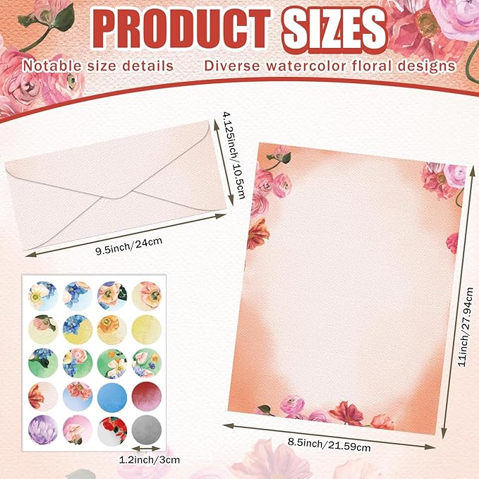 250Pcs Watercolor Stationery Paper and Envelope Set with 100 Letterhead Papers and 50 Envelopes, 10 Design for Letter Writing,Invitations Computer Holidays Party Notes, 8.5x11 Inch-Floral