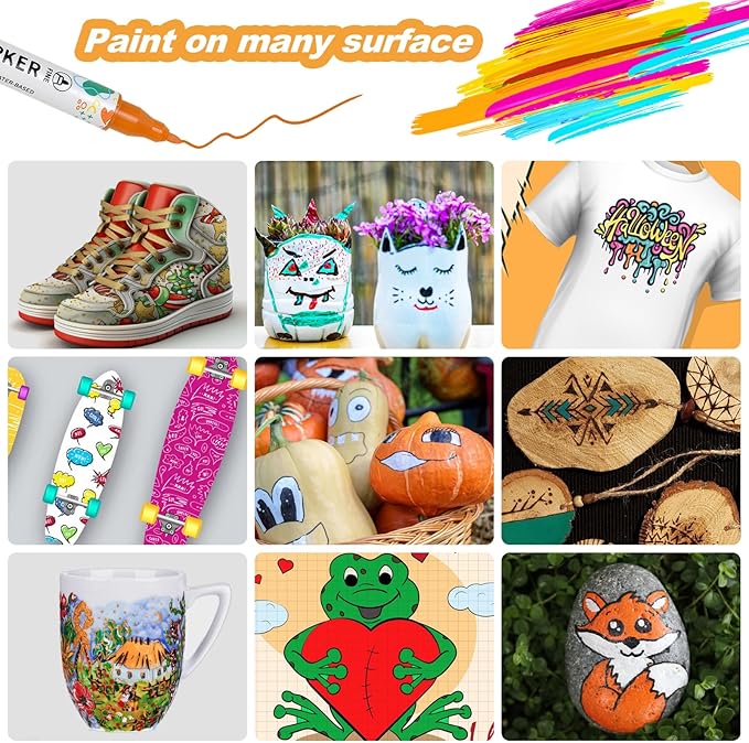 24 Colors Acrylic Paint Pens, Dual Tip Acrylic Paint Markers for Paper, Wood, Canvas, Stone, Rock Painting, Glass, Fabric, DIY, Ceramic, Art Supplies for Kids and Adults Drawing (Dot + Fine)