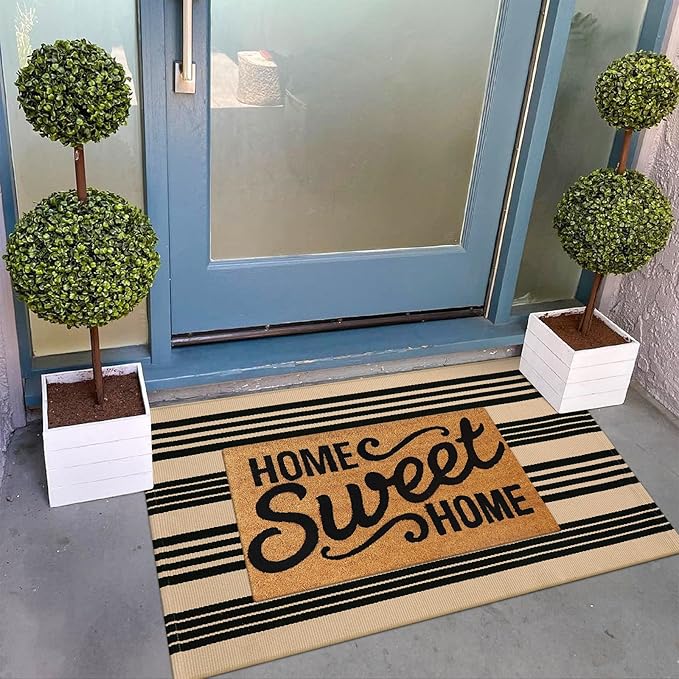 KIMODE Fall Outdoor Rug Decor 27.5"x43", Black and Khaki Striped Front Porch Rugs,Reversible Washable Front Door Mats,Hand Woven Welcome Layered Doormat Entryway Rug for Entrance Doorway