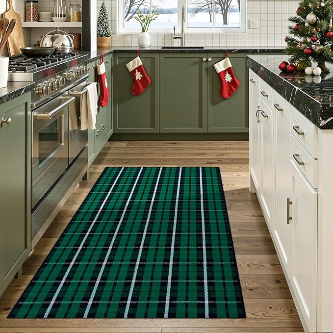 OJIA Washable Outdoor Rug 3'x5', Christmas Door Mats Outdoor Area Rug Green Plaid Rug Entryway Rugs Indoor Door Mat Front Porch Rug Cotton Floor Carpet for Entry/Patio/Bedroom/Living Room/Home Decor