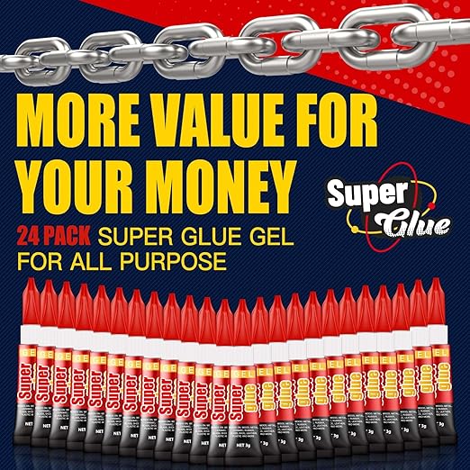 3 Gram (Pack of 24) Single use Super Glue Gel, Super Fast, Thick & Strong Adhesive Superglue, Cyanoacrylate Glue for Hard Plastics, DIY Craft, Ceramics, Frame, Leather, Metal Etc