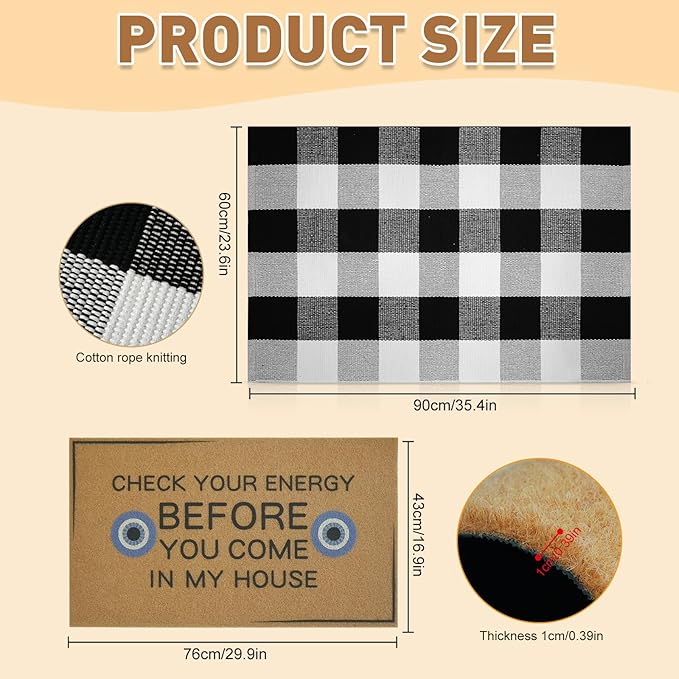 2 Pcs Check Your Energy Door Mat 30 x 17 Inch Evil Eye Door Mat Funny Welcome Coir Doormats for Front Doors Nonslip 2-in-1 Buffalo Plaid Rug for Outside Entrance Porch Rubber Backing Home Decor