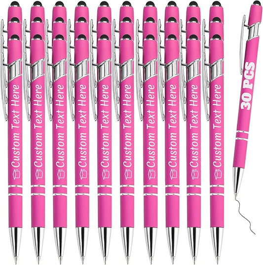 Personalized Pens Bulk 30 with Name Custom Engraving Ballpoint Pens with Stylus Tip Customized Smooth Writing Pens Personalized Gifts for Anniversary Birthday or Graduation(Pink,Black Ink)
