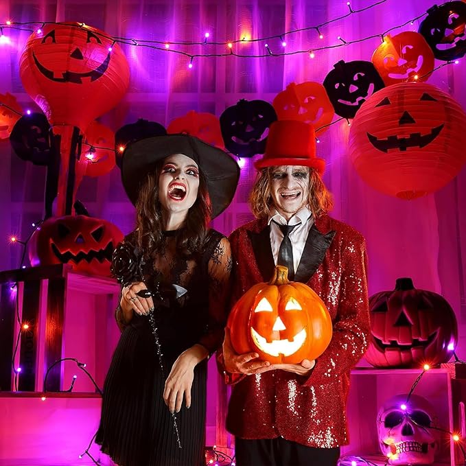 2 Pack Christmas Lights Outdoor, Total 200FT 600 LED Purple Orange String Lights for Outside with 8 Modes Waterproof, Plug in Christmas Decorations for Indoor House Patio Garden Party Holiday