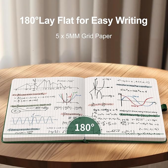 AHGXG Graph Paper Notebook - Grid Notebook Journal A5, 120 GSM Thick Graph Paper, 160 Pages, Leather Hardcover, for Graphing, Writing, Math, Engineering, 5.75'' × 8.38''- Green