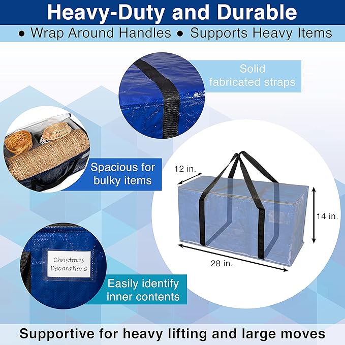 ClearSpace Heavy Duty Moving Bags or Storage Bag – Large Moving Boxes with Backpack Straps, Zippers & Handles – Perfect for Moving, College Dorm, Traveling, Camping, Christmas Decorations, 4 Pack