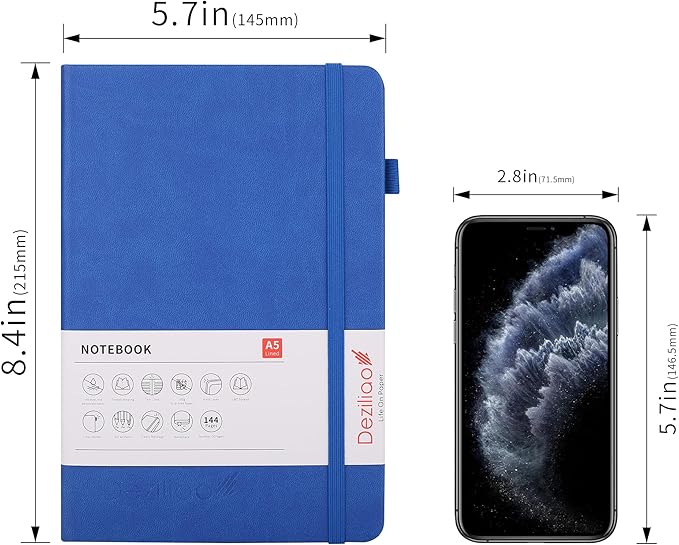 Deziliao Lined Journal Notebooks with Pen Loop, Hardcover Notebook Journal for Work, 100Gsm Premium Thick Paper with Inner Pocket, Medium 5.7"x8.4", （Blue, Ruled）