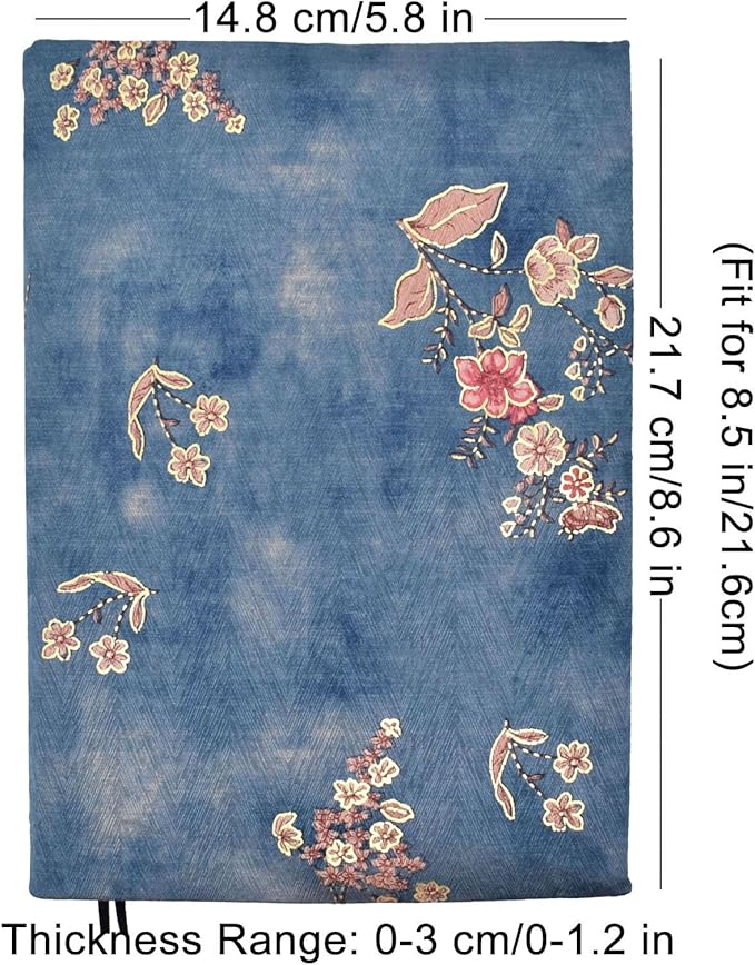 BLBMH Book Covers for Paperbacks Fit for 5.5x8.5 inch Adjustable Book Jacket Cover for Women Over 15 Soft Cloth Protector for Bible Novels Notebook Journal Book Lovers Gifts - Flower 3 Blue 8.5in