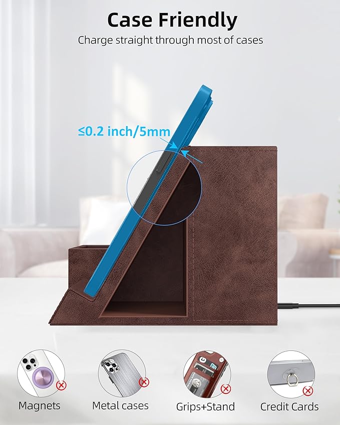 Wireless Charger with Desk Organizer, Pen Pencil Holder, Multifunctional Desktop Organizer, Office Supplies and Desk Accessories Organizer with 3 Compartments and 1 Phone Stand, Dark Brown