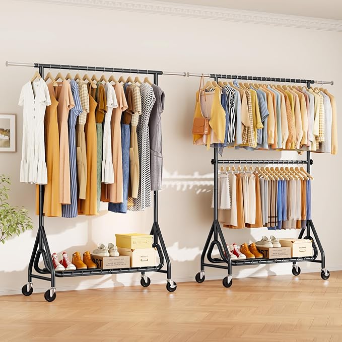 Double Rods Clothing Rack, Heavy Duty Clothes Rack for Hanging Clothes Load 560LBS, Metal Rolling Garment Racks with Wheels, Freestanding Clothes Hanging Racks, Black