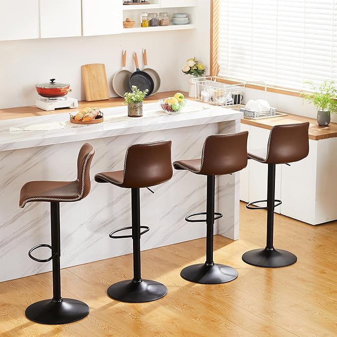 HeuGah Bar Stools Set of 3, Swivel Counter Height Barstools with Back, Adjustable Height 24" to 32", Brown Faux Leather Bar Chairs for Kitchen Island (Brown, Set of 3 (24'' to 32''))