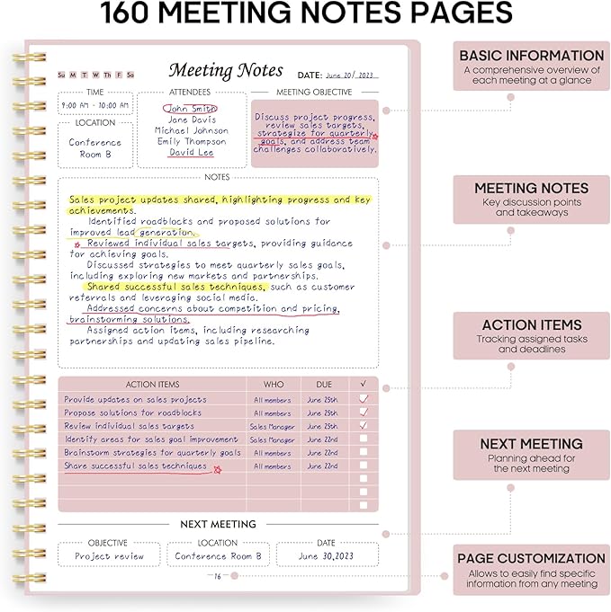 6 Pack of Meeting Notebook for Work Organization - Work Planner Notebook with Action Items, Agenda Planner for Note Taking, 160 Pages (6.9" X 9.9") Project Organizer for Men & Women - Pink