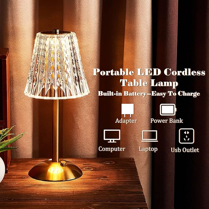Liliful 1 Pcs LED Portable Cordless Table Lamp Touch Battery Operated Rechargeable Gold Desk Lamp 3 Color Dimmable for Bedroom Living Room Dining (Gold,Classic Style)