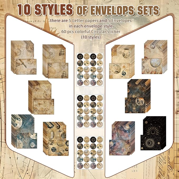 TaoBary 160 Pcs Stationery Paper Set 50 Double Sided Stationery Papers with 50 Matching Envelopes and 60 Round Dot Sticker, 10 Design(Space Spoon,5.5 x 8.25 Inch)