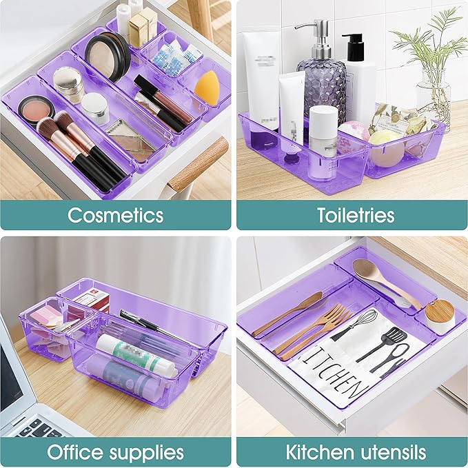 WOWBOX 25 PCS Plastic Drawer Organizer Set, Desk Drawer Divider Organizers and Storage Bins for Makeup, Jewelry, Gadgets for Kitchen, Bedroom, Bathroom, Office, Clear Purple