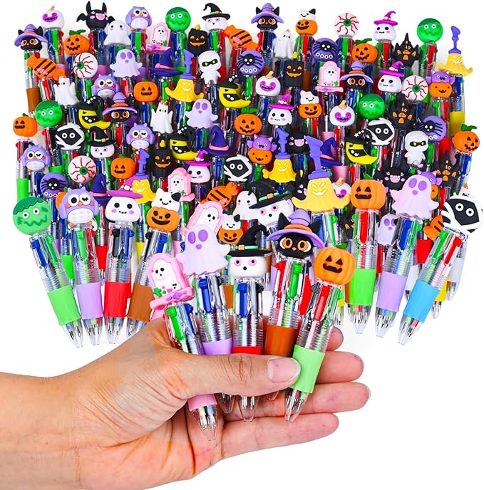 LiYiQ 100 Pcs Halloween Colorful Multicolor Pen in One Cartoon Cute Fun 4-in-1 Cute Pens Bulk Kawaii Pumpkin Ghost Bat Shape Cool Ballpoint Pens for Kids Fun Gifts