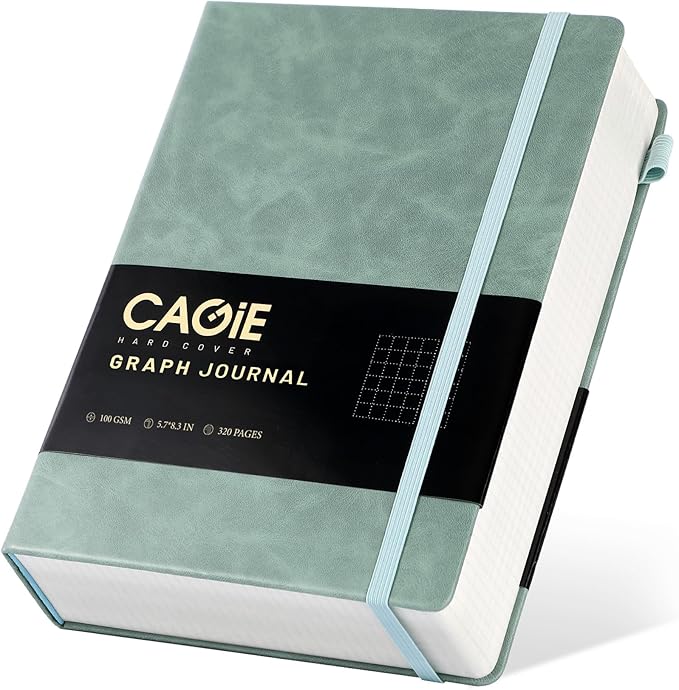 CAGIE Graph Paper Notebook- 320 Pages 100 GSM Graphing Grid Journal A5 Hardcover Leather Quad Ruled Notebooks for Engineering, Math, Work, Green