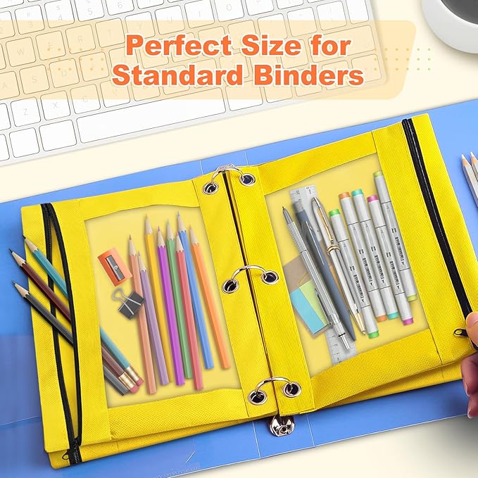 Shemira Pencil Pouch for 3 Ring Binder, Binder Pencil Pouch with Smooth Zipper, Clear Window Pencil Case for Binder, Zipper Pencil Pouches, Big Capacity 3 Ring Binder Pencil Bag, Yellow