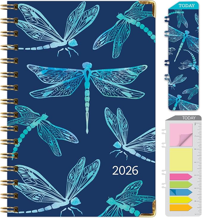 HARDCOVER 2026 Planner, 5.5"x8": 14 Months (November 2025 - December 2026), Daily Weekly Monthly Planner, Yearly Agenda, Bookmark, Pocket Folder and Sticky Note Set (Dragonflies)