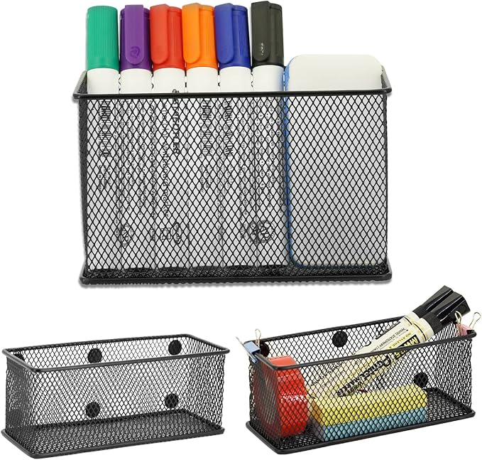 Neudeco Locker Shelf Organizer, Magnetic Pencil Holder, Metal Storage Basket for Whiteboard, Refrigerator, Ideal Cabinet for School, Black (Pack 3M)