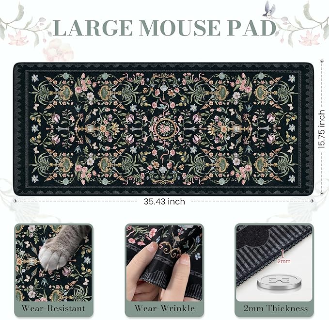 iCasso Large Desk Mat Black,Big Mouse Pad with Stitched Edges,Aesthetic Computer Pad for Desktop,Anti-Slip Keyboard Mat for Women,Floral Desk Cover Protector Work from Office Home Dorm
