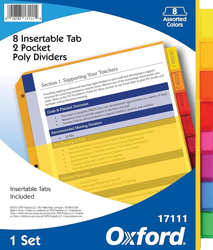 Oxford Plastic Binder Dividers, 8 Tab (Insertable Tab, 1 Set)