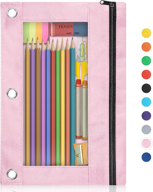 Shemira Pencil Pouch for 3 Ring Binder, Binder Pencil Pouch with Smooth Zipper, Clear Window Pencil Case for Binder, Zipper Pencil Pouches, Big Capacity 3 Ring Binder Pencil Bag, Pink