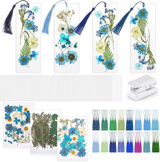 150 Pcs DIY Pressed Dried Flower Bookmark Making Kit, DIY Bookmark Bulk Thanksgiving Teacher Gifts for Reading Women Book Lovers(2 x 6 Inch,Blue Color)