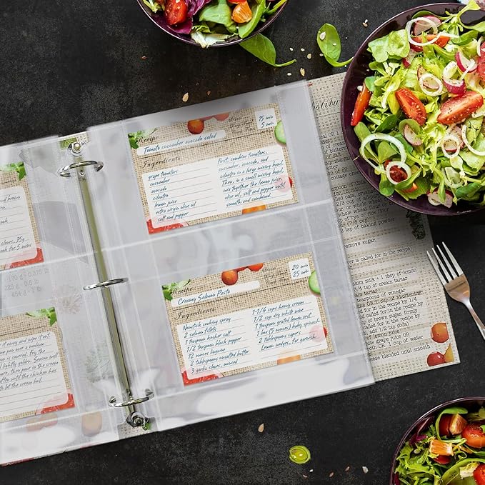 Full Size 4x6 for 8.5x11 Pack of 25 Recipe Card Protectors Top-Loading Crystal Clear Recipe Card Sleeves with 2 Pockets for 3 Ring Binder, Plastic Index Card Protector for Kitchen Cookbook