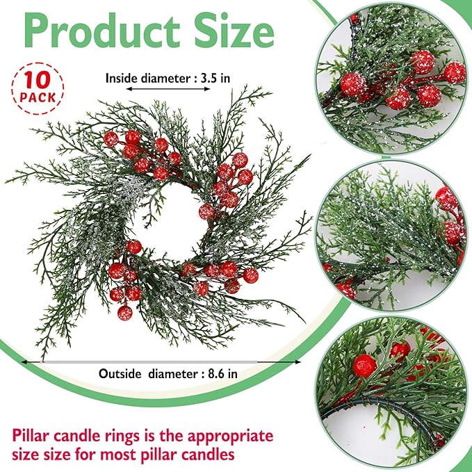 10 Pcs Christmas Candle Rings Wreath Artificial Candle Rings with Red Berry, Snowy Pine Garland Candle Ring Holder for Christmas Decorations Table Centerpiece