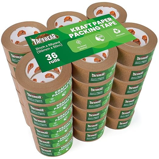TAPEBEAR Eco-Friendly Kraft Paper Tape, Biodegradable Heavy Duty Packing Tape 2Inch x 55Yard, Recyclable Packaging Tape Self Adhesive Box Tape for Shipping, Sealing, Moving & Masking, 36Rolls