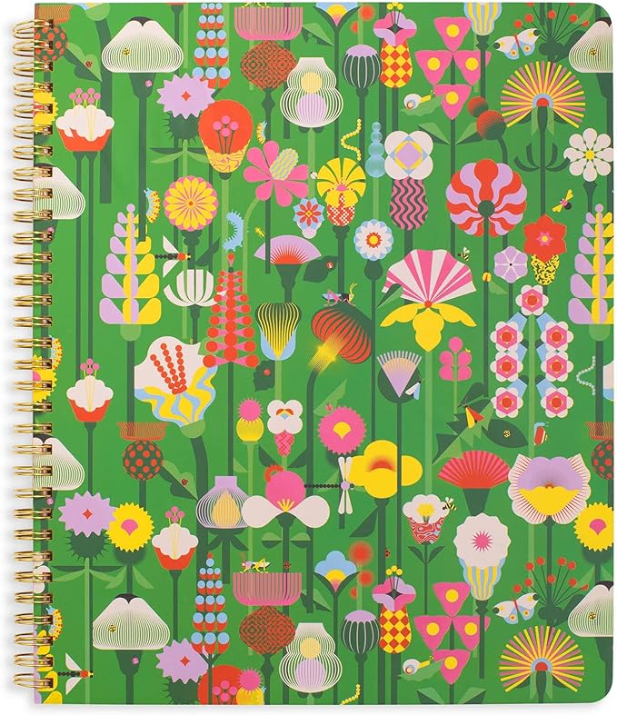 ban.do Floral Rough Draft Large Spiral Notebook, 11" x 9" with Pockets and 160 College Ruled Pages, Green Geometric Flowers