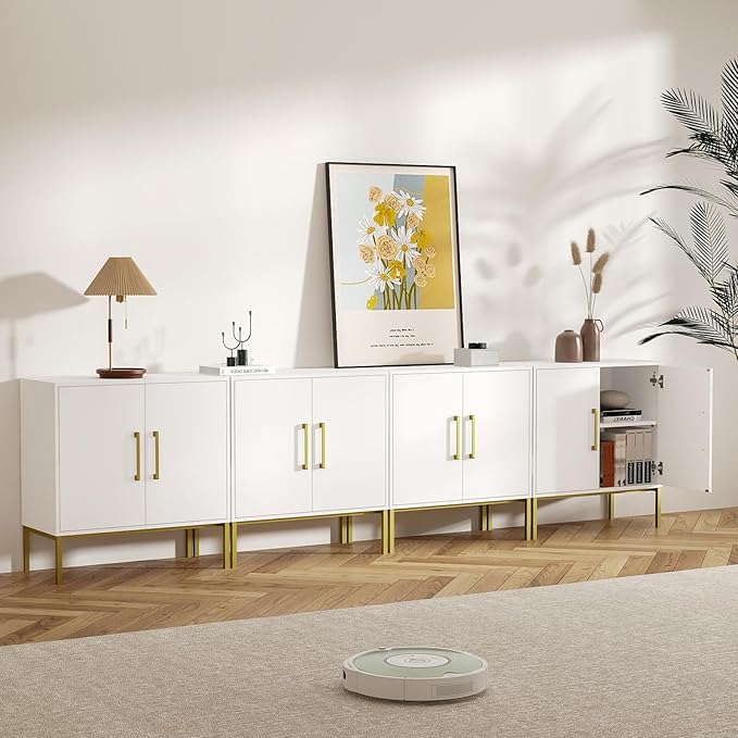 LYNSOM Storage Cabinet with Doors, Set of 4, Modern Buffet Cabinet with Storage, Kitchen Sideboard Buffet, White Wood Accent Cabinet for Living Room, Bedroom, Hallway, Entryway, Office, White