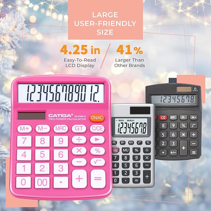 12 Digit Desktop Calculator with Large LCD Display and Sensitive Button, Dual Solar Power and Battery, Standard Function for Office, Home, School, CD-2786