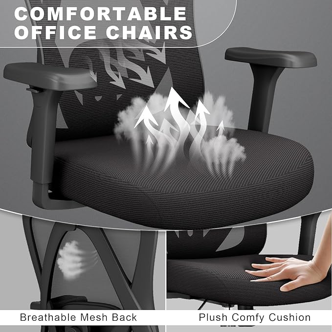 Ergonomic Office Chairs with Adjustable Headrest and Lumbar Support, High Back Mesh Home Computer Desk Chairs with 3D Armrest, 360° Swivel Wheels and Rocking Function, Black