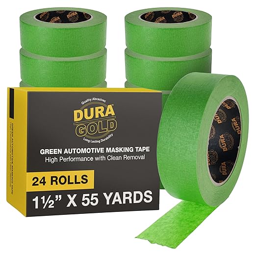 Dura-Gold Green Automotive Masking Tape 1-1/2 Inch (1.41 Inch x 55 Yards), Case of 24 Rolls - Premium High-Performance, Heat Resistant - Auto Refinish Painting, Car Detailing, Autobody, Painters Tape