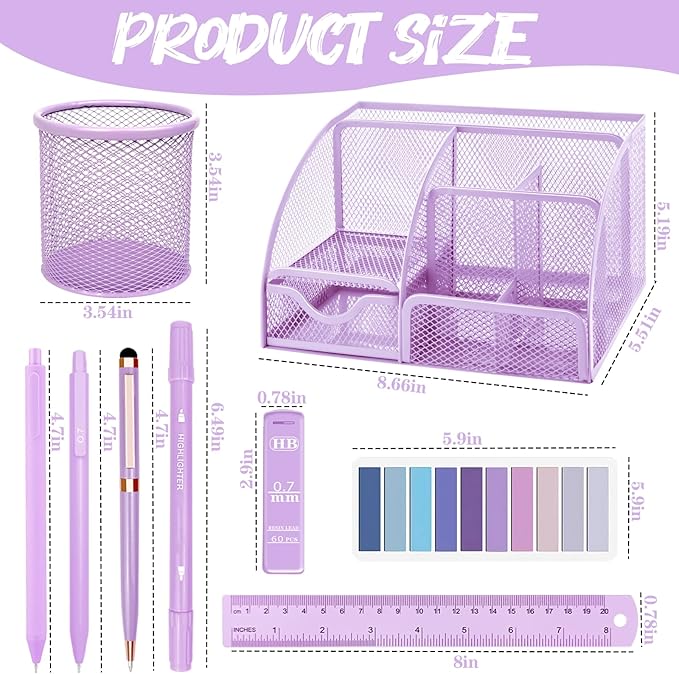 Purple Desk Accessories, 17Pcs Purple Office Supplies Set Include Mesh Desk Organizer, Stapler, Tape Dispenser, Staple Remover, Pen Holder, Clips, Pens, Ruler, for Office Home School Women